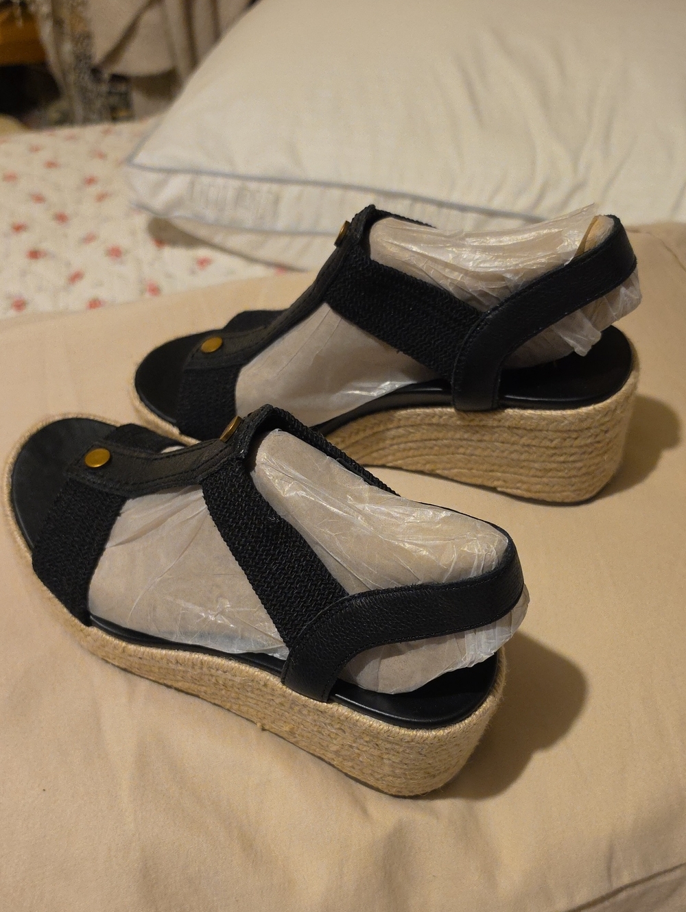 Vionic Black Espadrille Wedge Sandals with Gold Accent